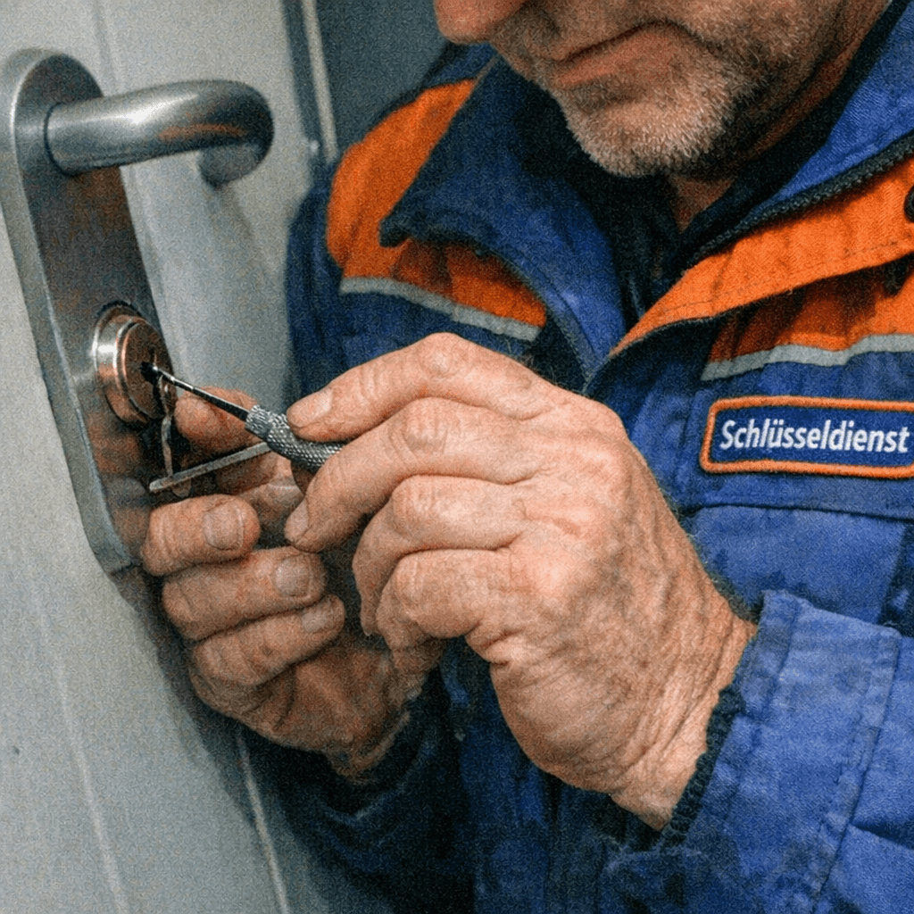 Erfahrener Handwerker vom Schlüsseldienst beim Einsatz mit Werkzeug