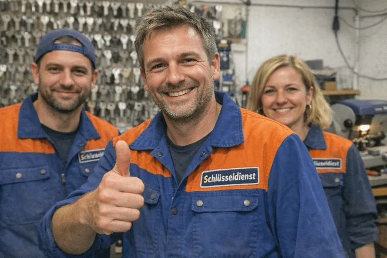 Hartmut und sein Team im Einsatz vor einem Servicefahrzeug, Hartmut zeigt Daumen hoch