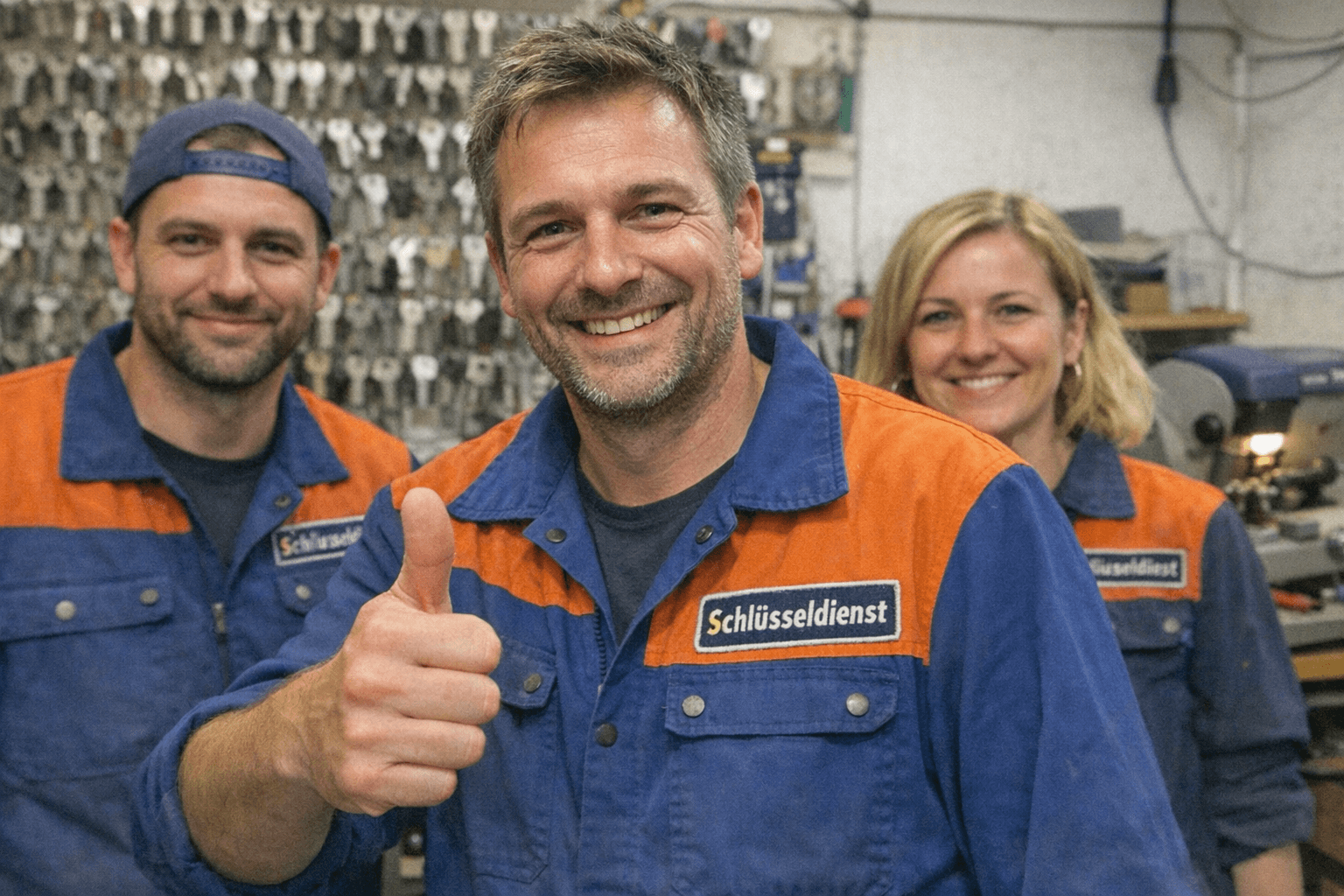 Hartmut und sein Team im Einsatz vor einem Servicefahrzeug, Hartmut zeigt Daumen hoch