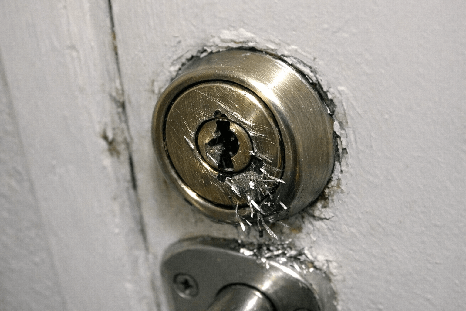 Beschädigtes Türschloss nach Einbruchversuch an einer Wohnungstür