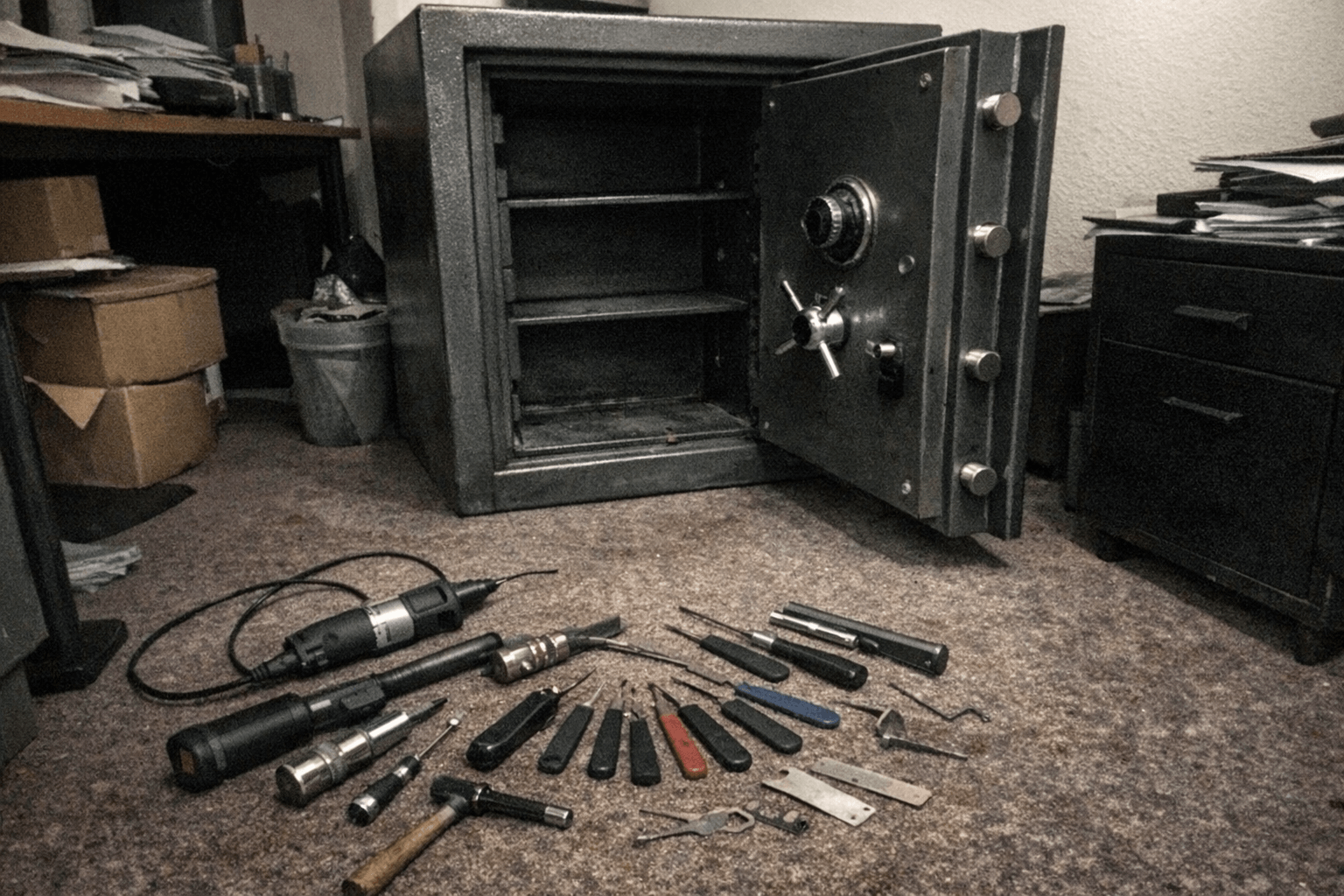 Tresor mit offenem elektronischen Schloss und Werkzeug